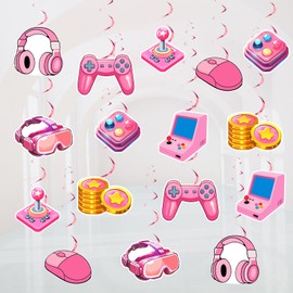 Wonmelody Pink Game Hanging Decoration 8Pcs Video Game Hanging Swirls Teen Gaming Ceiling Swirls Fluorescent Event Party Decor Level Up Birthday Birthday Bridal Shower Baby Shower Supplies for Girls