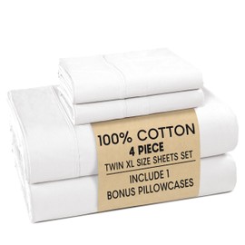 Casa Platino 100% Cotton Sheets Twin XL Size Set - 4 Pieces (1 Flat, 1 Fitted, 2 Pillowcases) - Soft & Breathable Percale Weave - Cooling Bed Sheets with 15" Deep Pockets - Pure White Sheet Set
