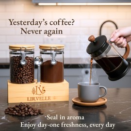 Lirvelle Airtight Coffee Canister with Scoop | Curated Glass Storage Set for Beans, Grounds & Sugar | 9-Piece Ritual Organizer with Bamboo Base, Versatile Artisan Spoon, Labels & Cleaning Brush