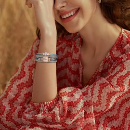 JewelryWe Women's Bohemian Retro Rhinestone Glitter Analogue Quartz Casual Watch with Braided Leather Strap Wrap Bracelet and Clover Key Pendant, Pearl Blue, Vintage