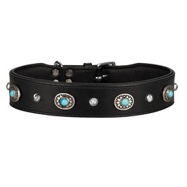 Michur Alonzo Dog Collar Leather Black Wide Leather Collar Blue Stones with Round Studs Available in Various Sizes