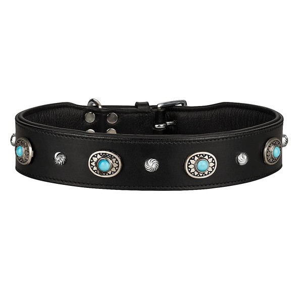 Michur Alonzo Dog Collar Leather Black Wide Leather Collar Blue