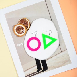 Mintolex 80s 90s Neon Earrings for Women Retro Triangular Circle Acrylic Drop Dangle Earrings for 80’s Outfits Costume Glow Party Jewelry Accessories, Green Triangle Hot Pink Circle