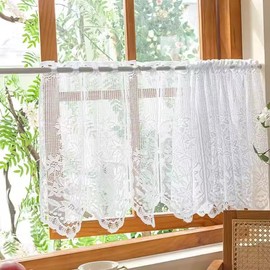 Devola Net Curtains Jacquard Curtains Lace Short Country House Style Bistro Curtain Floral Pattern Small Kitchen Curtain Coffee Curtains Short Curtain with Perforated Strip H x W 60 x 150 cm White
