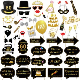 60th Birthday Party Photo Booth Props (51Count) for Her Him 60th Birthday Gold and Black Decorations, Konsait Big 60 Birthday Party Supplies for Men and Women