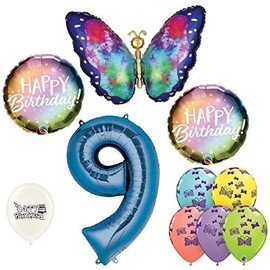 Tie Dye Butterfly Happy Birthday Party Bouquet of Balloons with (Blue Number 9)