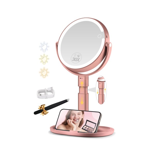 MOMOKUBA Makeup Mirror with Lights, 30X Magnifying & Height Adjustable,