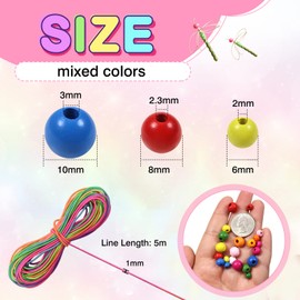TOAOB 1000 Pieces Colourful Wooden Beads Round Natural Loose 6 mm 8 mm 10 mm with 5 m Stretch Line Colour for Jewellery Making Bracelets DIY Decoration Craft Accessories