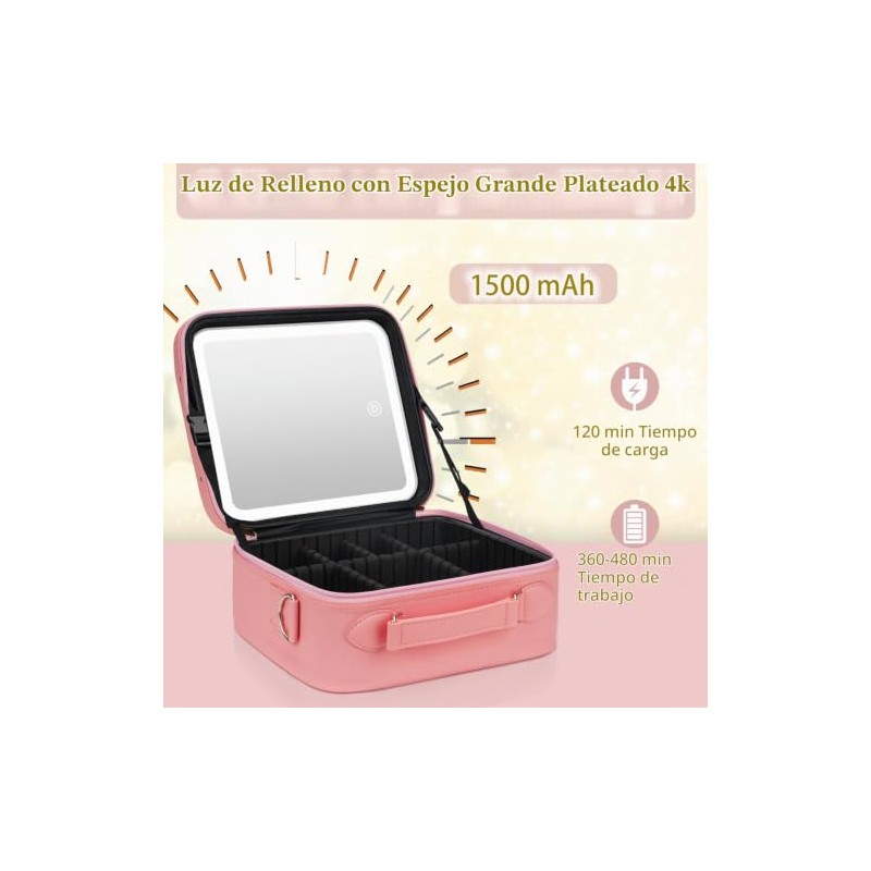 Bolsa de maquillaje de viaje con espejo iluminado, estuche de
