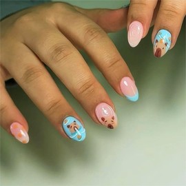 QQPPOLIU 3D Coat Nude Press on Nails Almond Medium Nails Press on False Nails with Bear Pattern Design Blue Full Cover Nails for Women and Girls 24pcs Kit