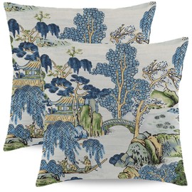 Wsunsal Chinoiserie Pillow Covers 16x16 Inch Set of 2, Asian Scenic Blue and Kelly Green Throw Pillows Farmhouse Chinoiserie Decorative Pillowcase Linen Cushion Cover for Home Sofa Bedroom Outdoor