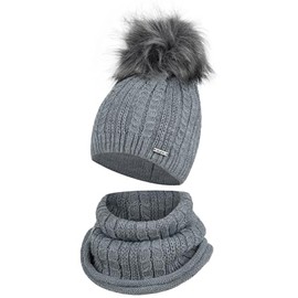 AJS Girls' Knitted Winter Hat with Tube Scarf Winter Set, gray