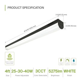 ASD Black 4ft LED Linear Strip Light Fixture with Q-Base | UL DLC Stairwell Certified Luminaire 25W-40W 120-277V Linkable Architectural LED Shop Light | 3500K-5000K Commercial Ceiling Light Fixture