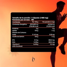 Omega 3-1400 mg por Porción - Aceite Puro de Salmón con Vitamina E, EPA y DHA - 180 Cápsulas para 6 Meses - Ingredientes Naturales - Omega-3 - Fish Oi