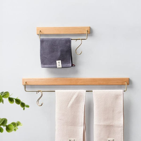 Usumairu Towel Hanger, Face Towel Hanger, Brass, Natural Wood, Washroom, Wall, Toilet, Wood, Simple, Vintage Style, Impact Resistant, Rust Resistant, Scandinavian Style, Stylish, Living Alone, Housewarming Gift, Towel Holder, For Home Restaurants (23.6 inches (60 cm), Beech)
