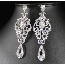LARGE PAGEANT CRYSTAL RHINESTONE CHANDELIER DANGLE EARRINGS PROM E2090AB AB WHITE