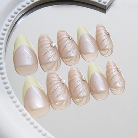 24Pcs Yellow French Tip Press on Nails Medium Almond 3D Seashell Lines Fake Nails with Rhinestones Reusable Laser Acrylic Nails Stick on Nails Full Cover French False Nails for Women Girl Nail Supply