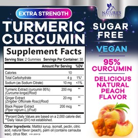Turmeric Supplement Gummies Sugar Free - Turmeric Curcumin and Ginger Gummies with Black Pepper Extract for High Absorption, Curcumin Gummy for Joint Support, Non-GMO, Gluten Free, 60 Turmeric Gummies