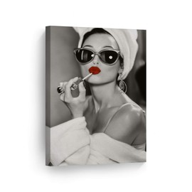 SmileArtDesign Audrey Hepburn Style Wall Art Red Velvet Lips Canvas Print Lipstick Makeup Iconic Pop Art Beauty Black and White Wall Art Living Room Wall Decor Ready to Hang Made in USA - 17x11