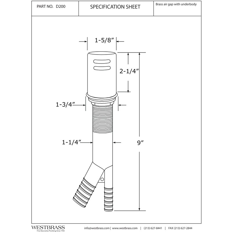 Westbrass Air Gap Kit with Standard Brass Cap, Polished Brass,