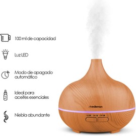 Redlemon Humidificador y Difusor de Aceites Esenciales para Aromaterapia de Alta Potencia, Luz LED Cambiante 7 Colores, Apagado Automático, Ideal para Habitación, Oficina, Meditación o Yoga, 100 ml