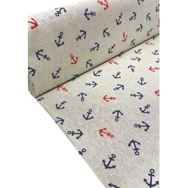 Landhuis Fabrics: Maritime Cotton Decorative Fabric with Anchors, Natural with Dark Blue and Red