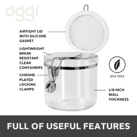 Oggi 4pc Clear Canister Set with Clamp Lids Airtight Containers in Sizes Ideal for Kitchen & Pantry Storage of Bulk, Dry Foods Including Flour, Sugar, Coffee, Rice, Tea, Spices & Herbs