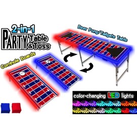 2-in-1 Cornhole Boards & Beer Pong Tailgate Table w/Multi-Color LED Lights - New York Football Field