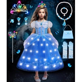 COYBTO Princess Costumes for Girls, Light Up Belle Cinderella Rapunzel Dress Up for Girls with Luminous Crown Necklace Sets, Belle Princess Dress, Kids Fancy Dress for Carnival Party