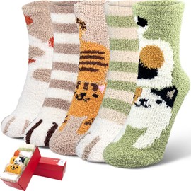 SISOSOCK Fuzzy Socks for Women Cute Cat Paw 5 Pairs Winter Fluffy Cozy Plush Slipper Socks With Gift Box for Women Girls Gifts