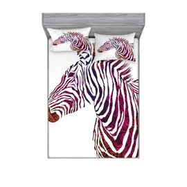 Ambesonne Animal Fitted Sheet & Pillow Sham Set, Ornamental Zebra Profile Silhouette Striped Safari Theme Artwork, Decorative Printed 3 Piece Bedding Decor Set, Full, Purple Coral and Pink
