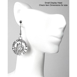 Saint Christopher Medallion - 26x22mm - Silver alloy charm dangle earrings. Hypoallergenic Stainless-Steel Fishhook or Ball-Post. Silver Plated Ball-Post, or Silver Tone Clip-on Earrings Opt.