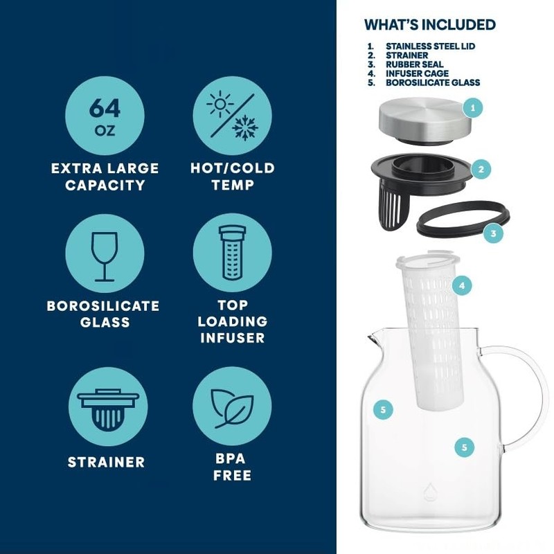 Infusion Pro Glass Fruit Infuser Water Pitcher, Heat Resistant for