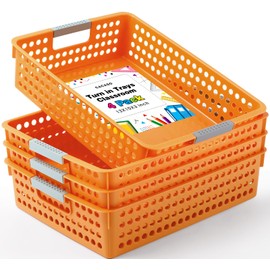 CACASO 4 Pack Turn in Trays Classroom,Paper Trays for Classroom,Organization and Storage Paper Tray Holds,Desktop File Organizer Baskets,Plastic Storage Baskets for Library, Office, Home(Orange)