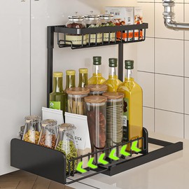 Minimalist Studio Under Sink Organizers and Storage, Height Adjustable L-Shape Kitchen Bathroom Organization, 2-Tier Sliding Storage Under Sink Cabinet Organizer Shelf Pull Out 1pc (Metal)