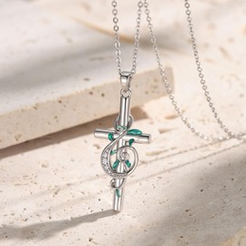 Music Cross Necklace Sterling Silver Music Note Cross Necklace Music Gifts for Women Treble Clef Recital Jewelry Choir Religious Gifts for Music Teacher
