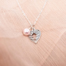 Angel Wing Necklace Accented by a Pink Crystal Pearl on an 18 Inch Sterling Silver Cable Chain. Miscarriage Gift. Gifts for a Loss. Gifts for Grieving. Gifts for Women.