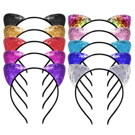 Cat Ears Headband Glitter Sequins Hairband Shiny Hair Accessories Hair Bands Beautiful Party Decoration for Girls Women 10 Pieces