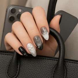 24PCS Black Gradient Almond Press on Nails – 3D Metal Bow & Pearl Design, Full Cover Handmade Fake Nails for Women, Party & Wedding Nail Art Set (1)