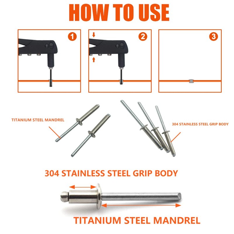 BOTTEN 100 pcs 1/8"x 1/2" Stainless Steel Blind Pop Rivets,3.2