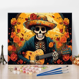 Skull Colour by Number for Adults Beginners with 3 Brushes Mexican Day of the Dead Acrylic Painting by Numbers Kits Skull Play Guitar DIY Oil Painting Kits Gift Art for Home 16 x 20 Inches