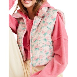 InterNos Womens Cropped Floral Print Puffer Vest Lightweight Stand Collar Zip Up Sleeveless Winter Padded Coats (0968-Green-M)