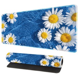 Large Desk Mat, Desk Matt for Desktop, Computer Gaming Mouse Pads, Anti-Slip Rubber Base, Stitched Edges Soft Mat for Desktop Office Home 31.5 x 11.8 Inches (Blue Wave Daisy)