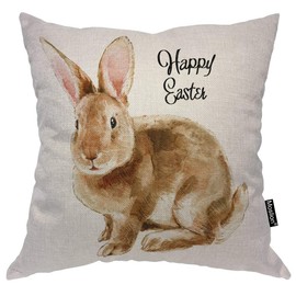 Moslion Rabbit Pillow Cover Cute Animal Sketch Bunny Quote Happy Easter Throw Pillow Case 18x18 Inch Cotton Linen Canvas Square Cushion Decorative Cover Sofa Bed Brown Feather