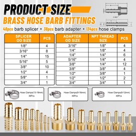 Ailbiuko 86PCS Brass Hose Barb Fittings,Barb Splicer Mender 1/8" 3/16" 1/4" 5/16" 3/8" 1/2" 5/8" 3/4" and Male Thread Adapter 3/8" Barbed to 1/4" NPT with 134Pcs Pipe Hose Clamps