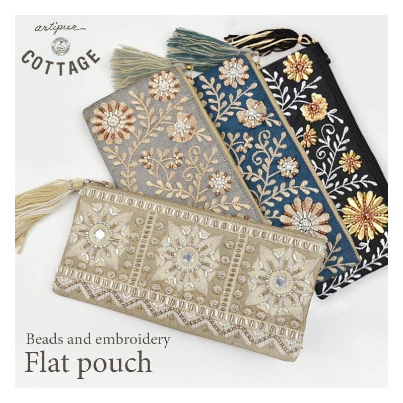 Tokyo Kankan, Beaded Embroidery Oblong Pouch, 7.9 x 3.9 inches