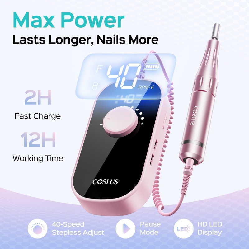 COSLUS Professional Electric Nail Drill：35000RPM, Portable Rechargeable Electric File with
