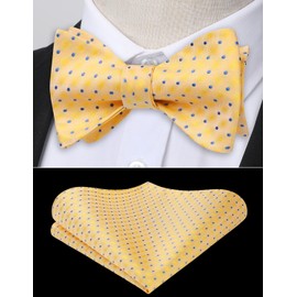 HISDERN Bow Ties for Men Self Tie Bowties Yellow Polka Plaid Bow tie and Pocket Square Set Classic Formal Tuxedo Bowtie Handkerchief for Wedding