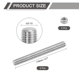 sourcing map 1/2"-13 Fully All Threaded Rod, 2Pcs 304 Stainless Steel Long Threaded Screw 4.7" Length Right Hand Threads for Furniture Mounting Assembly Fastening
