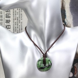 Keleny Natural Green Ruby in Zoisite Gemstones 30mm Circle Peace Donut Beads Adjustable Braided Rope Pendant Necklace